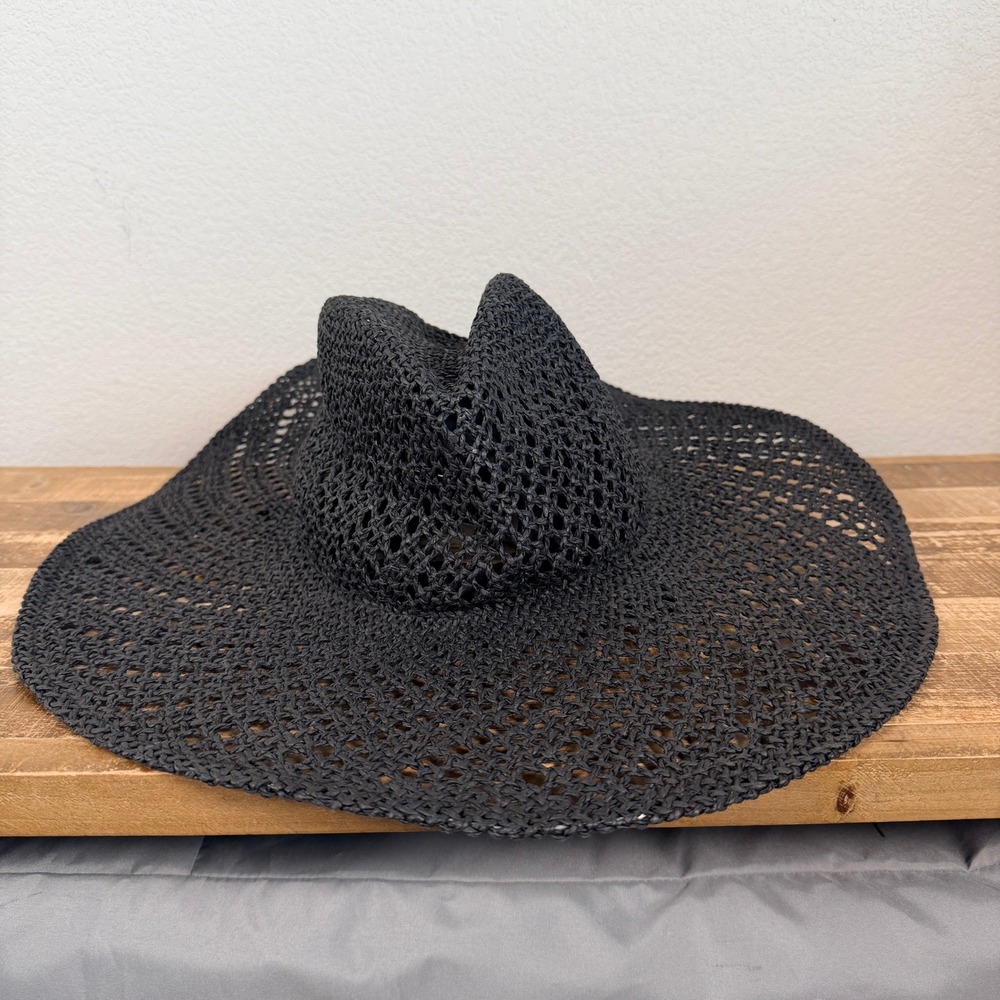 Banana Republic Sun Hat Womens S/M Black Wide Brim Open Weave Paper Straw